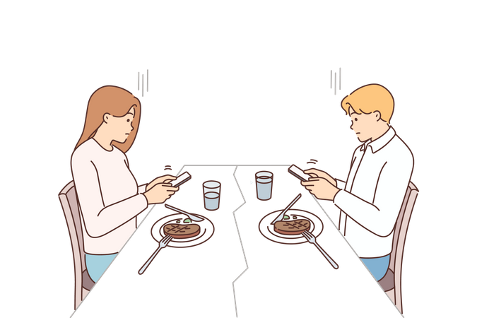 Casal ocupado no celular na mesa de jantar  Ilustração