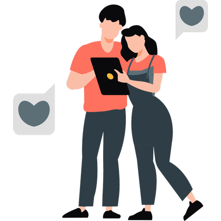 Casal olhando para celular  Ilustração