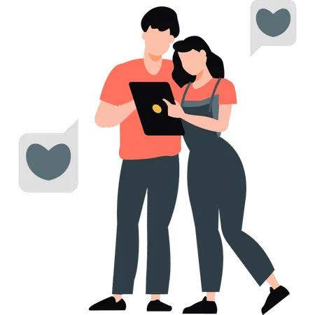 Casal olhando para celular  Ilustração