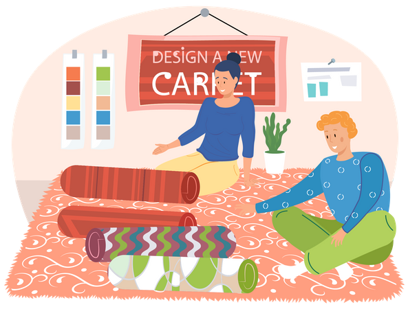 Casal olhando diferentes designs de tapetes  Ilustração