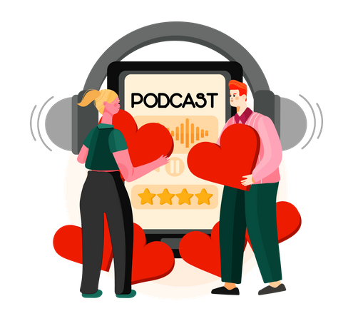 Casal ouvindo podcast romântico  Ilustração