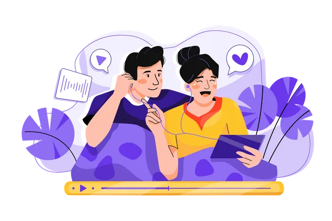 Casal ouvindo podcast  Ilustração