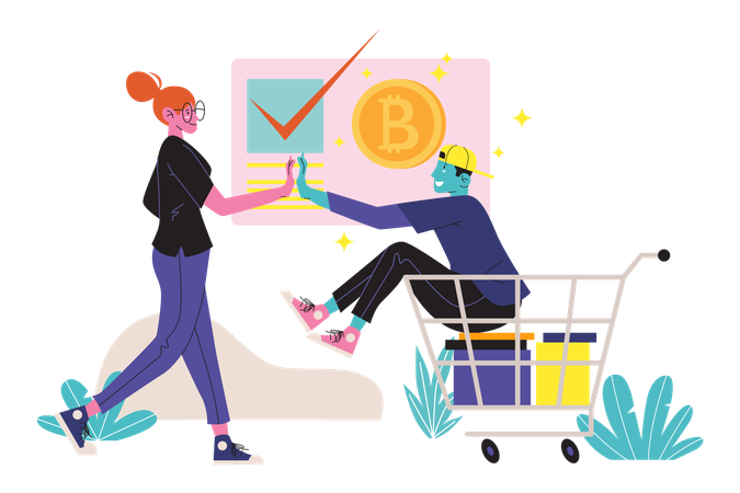 Casal pagando compras via bitcoin  Ilustração