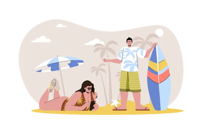 Casal passando o verão na praia  Ilustração