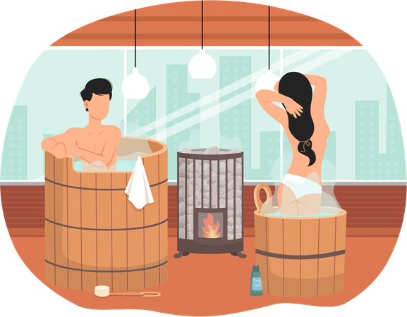 Casal passando um tempo romântico juntos na sauna  Ilustração