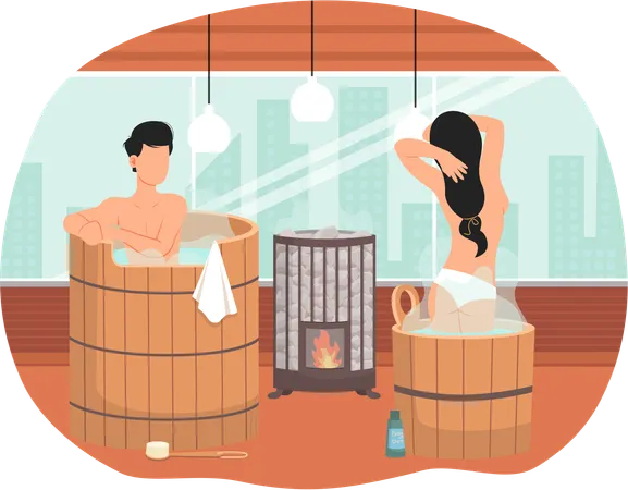 Casal passando um tempo romântico juntos na sauna  Ilustração