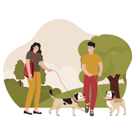 Casal andando com cachorro de estimação no parque  Ilustração