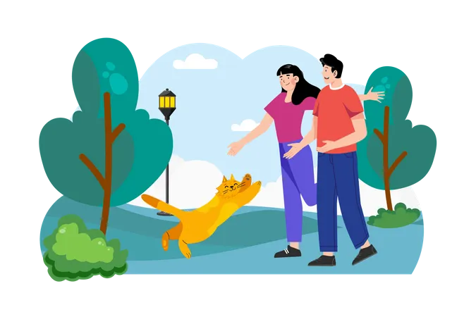 Casal andando com gato no parque  Ilustração