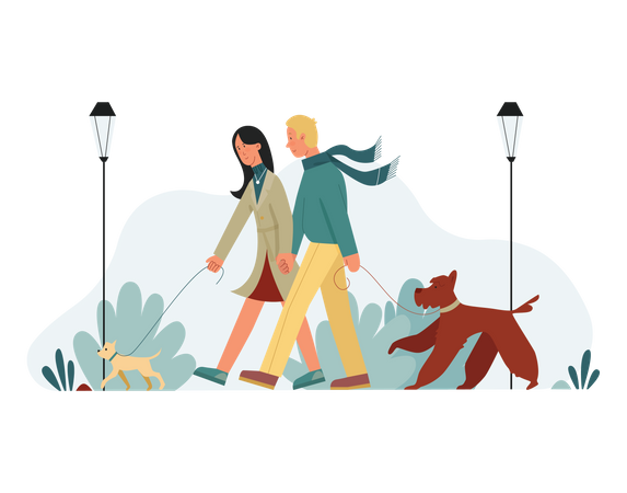 Casal andando no parque com cachorro de estimação  Ilustração