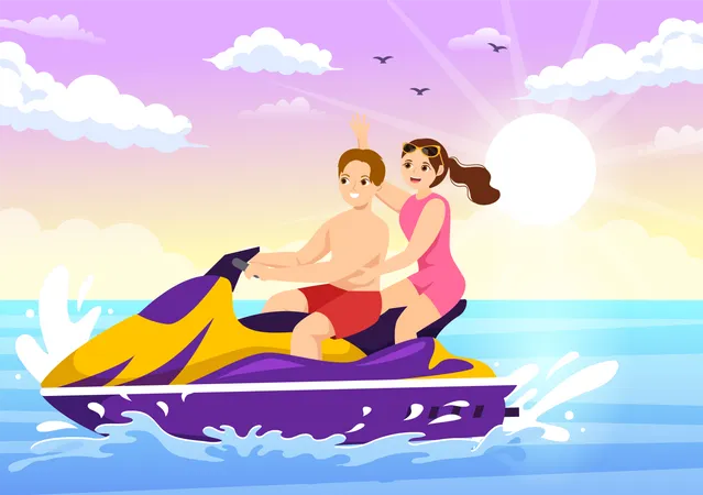 Casal anda de jet ski juntos  Ilustração