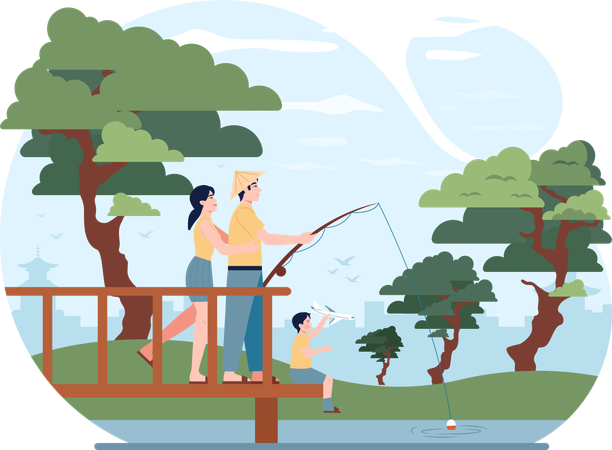 Casal pescando com anzol  Ilustração