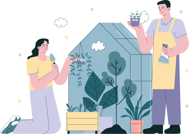 Casal plantando e regando plantas no terraço  Ilustração