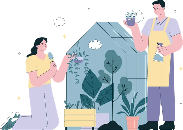 Casal plantando e regando plantas no terraço  Ilustração