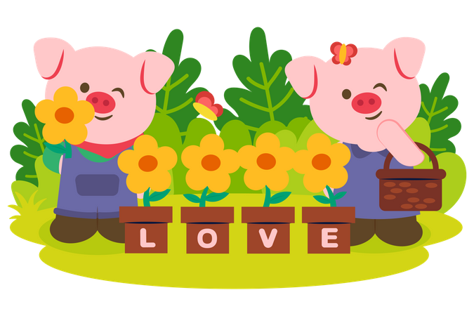 Casal de porcos com vaso de flores de sol no parque  Ilustração