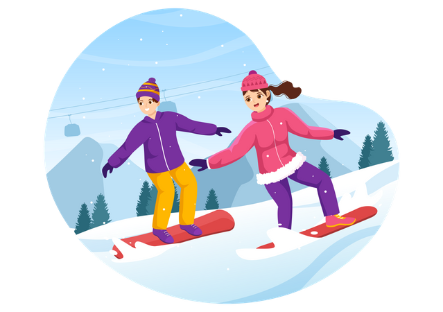 Casal praticando snowboard  Ilustração