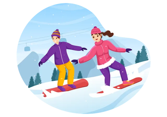 Casal praticando snowboard  Ilustração