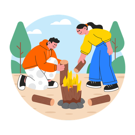 Casal preparando fogueira  Ilustração