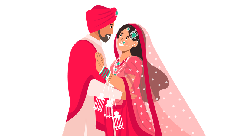 Casal punjabi fazendo pose de casamento para sessão de fotos  Ilustração