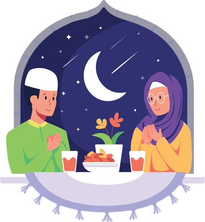 Casal do Ramadã fazendo oração iftar  Ilustração