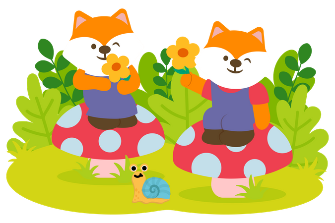 Casal de raposa desfrutando de flores no parque  Ilustração
