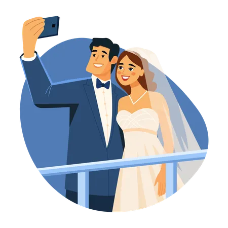 Casal recém-casado tirando selfie de casamento  Ilustração