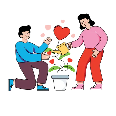 Casal regando plantas juntos  Ilustração