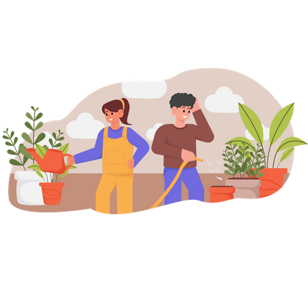 Casal regando plantas de casa  Ilustração