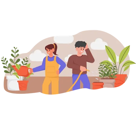 Casal regando plantas de casa  Ilustração