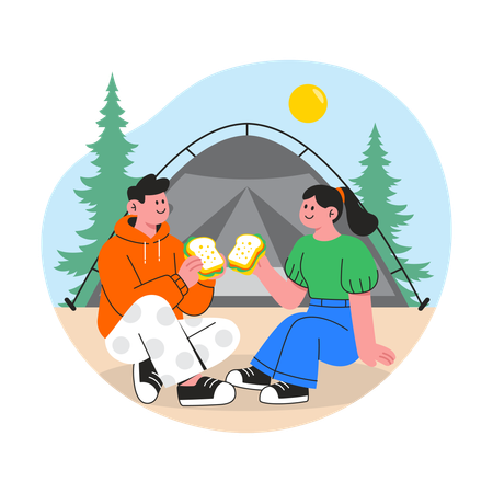 Casal relaxando em acampamento na montanha  Ilustração