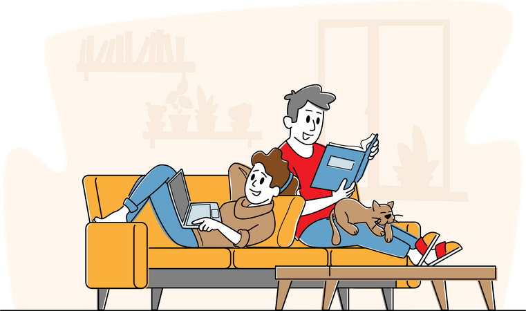 Casal relaxando juntos em casa, sentado no sofá com livro e laptop  Ilustração