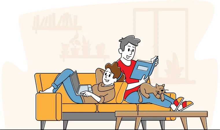 Casal relaxando juntos em casa, sentado no sofá com livro e laptop  Ilustração