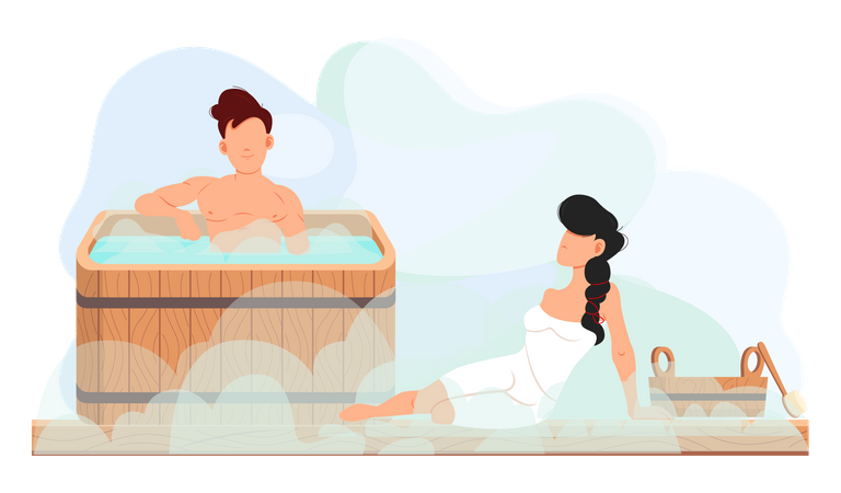 Casal relaxando na sauna a vapor  Ilustração