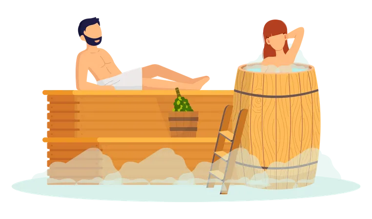 Casal relaxando na sauna a vapor  Ilustração