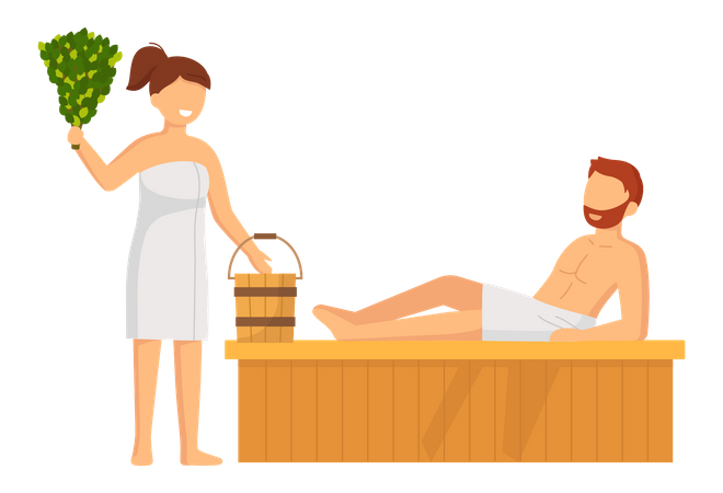 Casal relaxando na sauna  Ilustração
