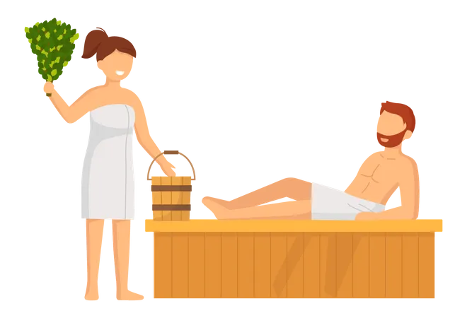 Casal relaxando na sauna  Ilustração
