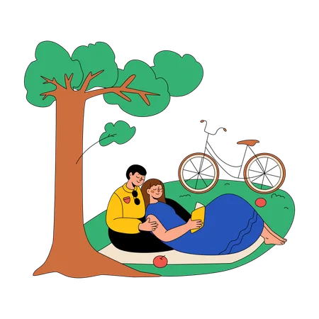 Casal relaxando no jardim no gramado  Ilustração