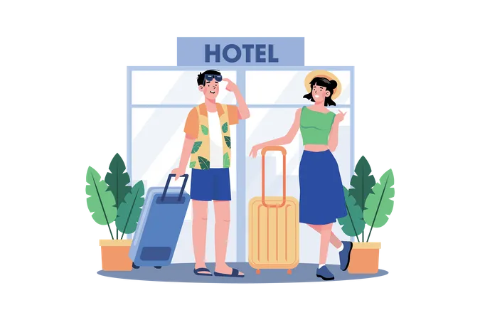 Casal reserva um quarto de hotel para as férias  Ilustração