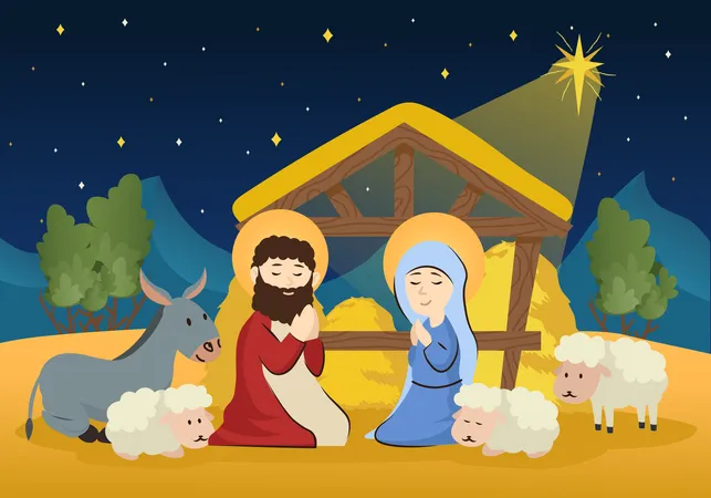 Casal reza na noite de Natal  Ilustração