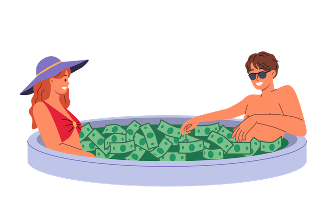 Casal rico nada em piscina cheia de dinheiro, desfrutando do luxo de altos retornos de investimento  Ilustração