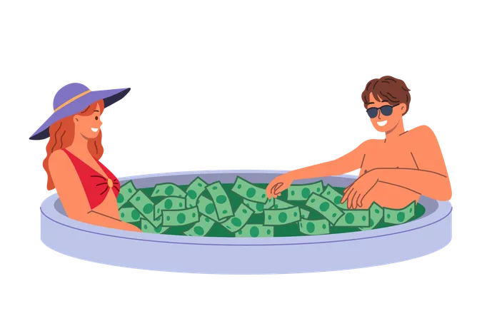 Casal rico nada em piscina cheia de dinheiro, desfrutando do luxo de altos retornos de investimento  Ilustração