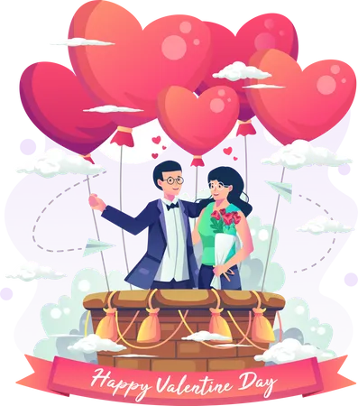 Casal romântico aproveitando o dia dos namorados pilotando um balão de ar quente  Ilustração