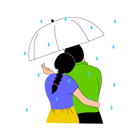 Casal romântico caminhando sob o guarda-chuva juntos durante a chuva  Ilustração