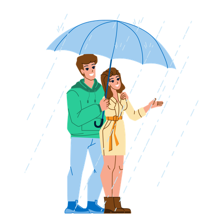 Casal romântico com guarda-chuva na chuva  Ilustração