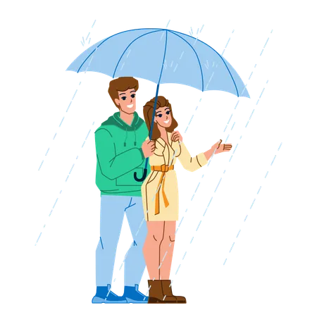 Casal romântico com guarda-chuva na chuva  Ilustração