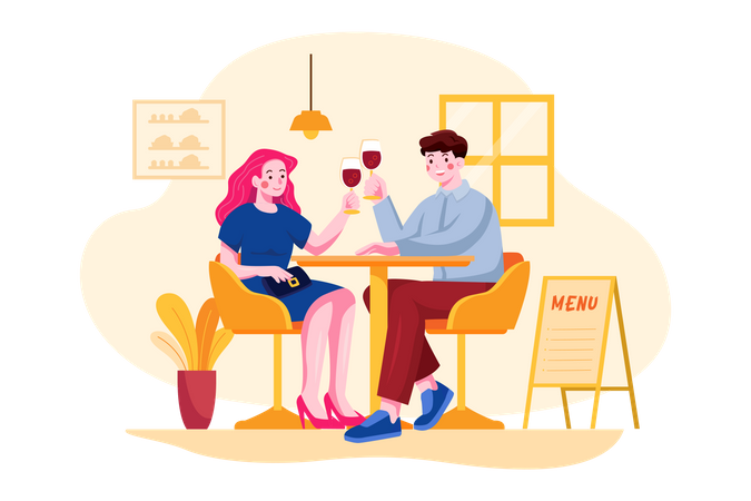 Casal romântico desfrutando de vinho juntos  Ilustração