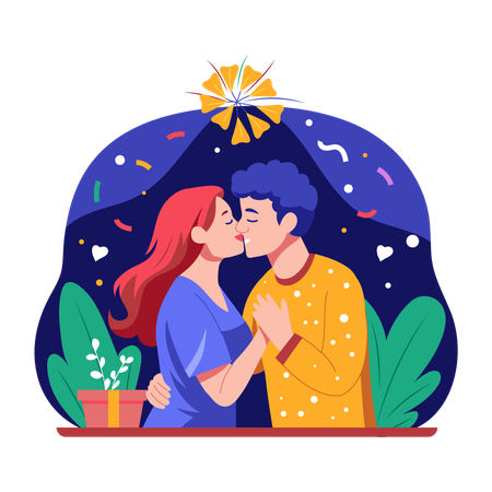 Casal romântico se beijando na véspera de ano novo  Ilustração