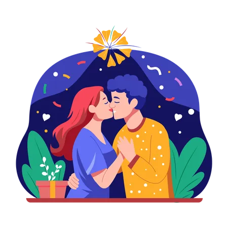 Casal romântico se beijando na véspera de ano novo  Ilustração