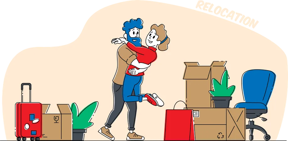 Casal se abraçando depois de se mudar para nova casa  Ilustração