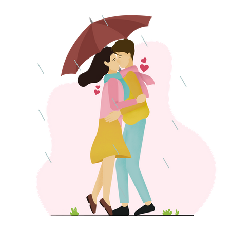 Casal se beijando na chuva  Ilustração