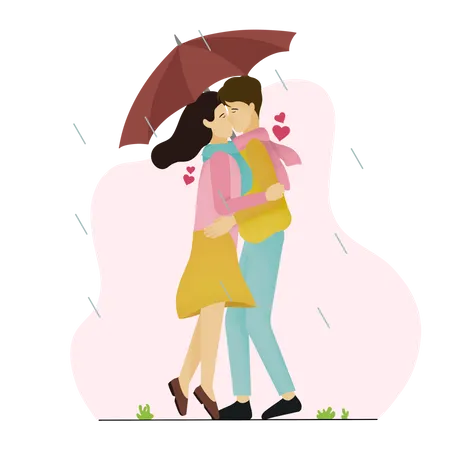 Casal se beijando na chuva  Ilustração